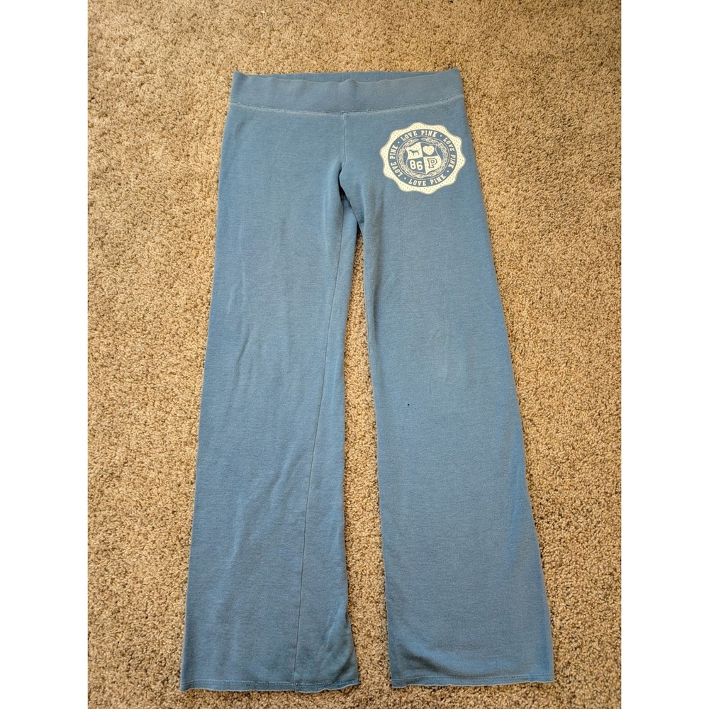 PINK Victoria's Secret Blue Wide Leg Crest Logo Sweatpants Small Y2K Vintage